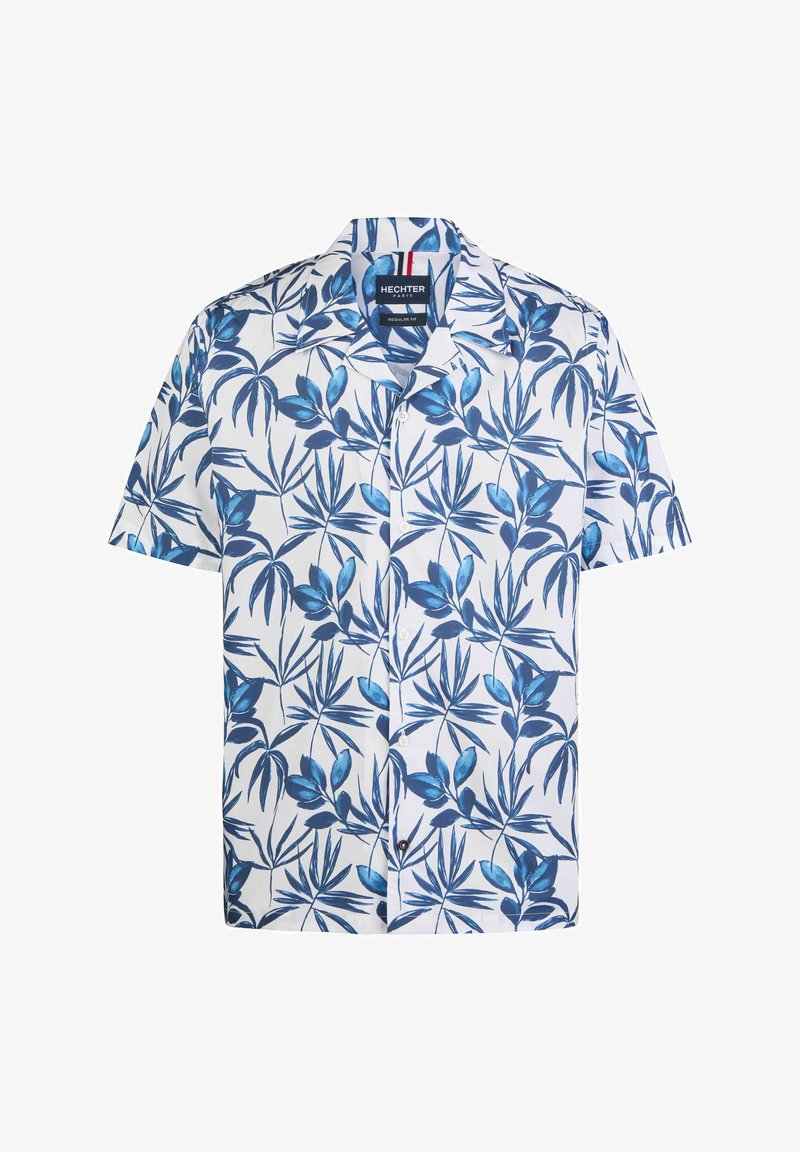 Korte mouw shirt met een blauw-wit tropisch bladerenpatroon, gemaakt van lichtgewicht stof, met een klassieke kraag en knoopsluiting.