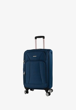 Maleta azul marino con acabado texturizado, dos cremalleras delanteras y un asa retráctil. Cuatro ruedas giratorias de 360 grados para facilitar la movilidad.