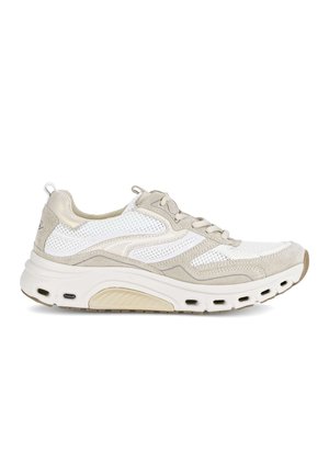 Breathable beige and white athletic sneaker with mesh upper, suede overlays, thick cushioned sole, and lace-up closure on a white background.