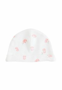 Gorro blanco para bebé con tejido suave, que presenta un patrón repetido de conejitos rosas y acentos florales. Diseño con dobladillo para un ajuste ceñido.