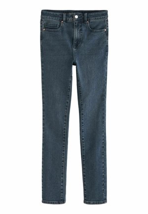 Jeans in denim blu scuro con vestibilità slim, cinque tasche, chiusura a bottoni e leggero sbiadimento. Dettagli cuciti con filo a contrasto.