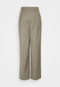 Khaki kalhoty s širokými nohavicemi, vyrobené z hladké, strukturované tkaniny, s předními plisovanými detaily a vysokým pasem. Čistý, bezvýzdobový design.