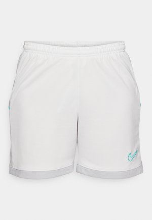 White athletic shorts with an elastic waistband, featuring turquoise accents and a grey mesh hem. Smooth fabric texture, straight cut.