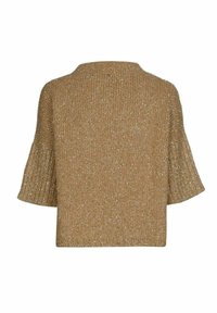 Bronzen gebreide trui met korte mouwen, met een losse pasvorm en een glinsterende textuur. Eenvoudige, onopgesmukte halslijn.