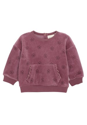 Fleece-Pullover in staubrosa mit schwarzem Blumenmuster, Rundhalsausschnitt, gerippten Bündchen und einer vorderen Tasche mit Rüschensaum.