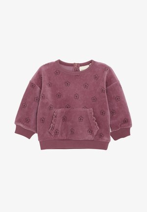 Fleece pullover in stoffige roos met zwart bloemenpatroon, ronde hals, ribgebreide manchetten en een voorzak met gerimpelde randen.