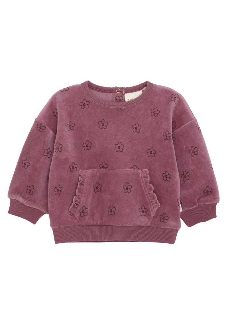 Fleece pullover in stoffige roos met zwart bloemenpatroon, ronde hals, ribgebreide manchetten en een voorzak met gerimpelde randen.