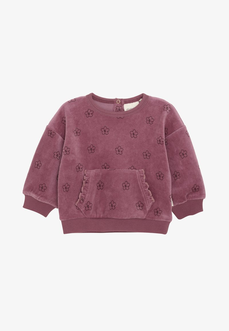 Fleece pullover in stoffige roos met zwart bloemenpatroon, ronde hals, ribgebreide manchetten en een voorzak met gerimpelde randen.