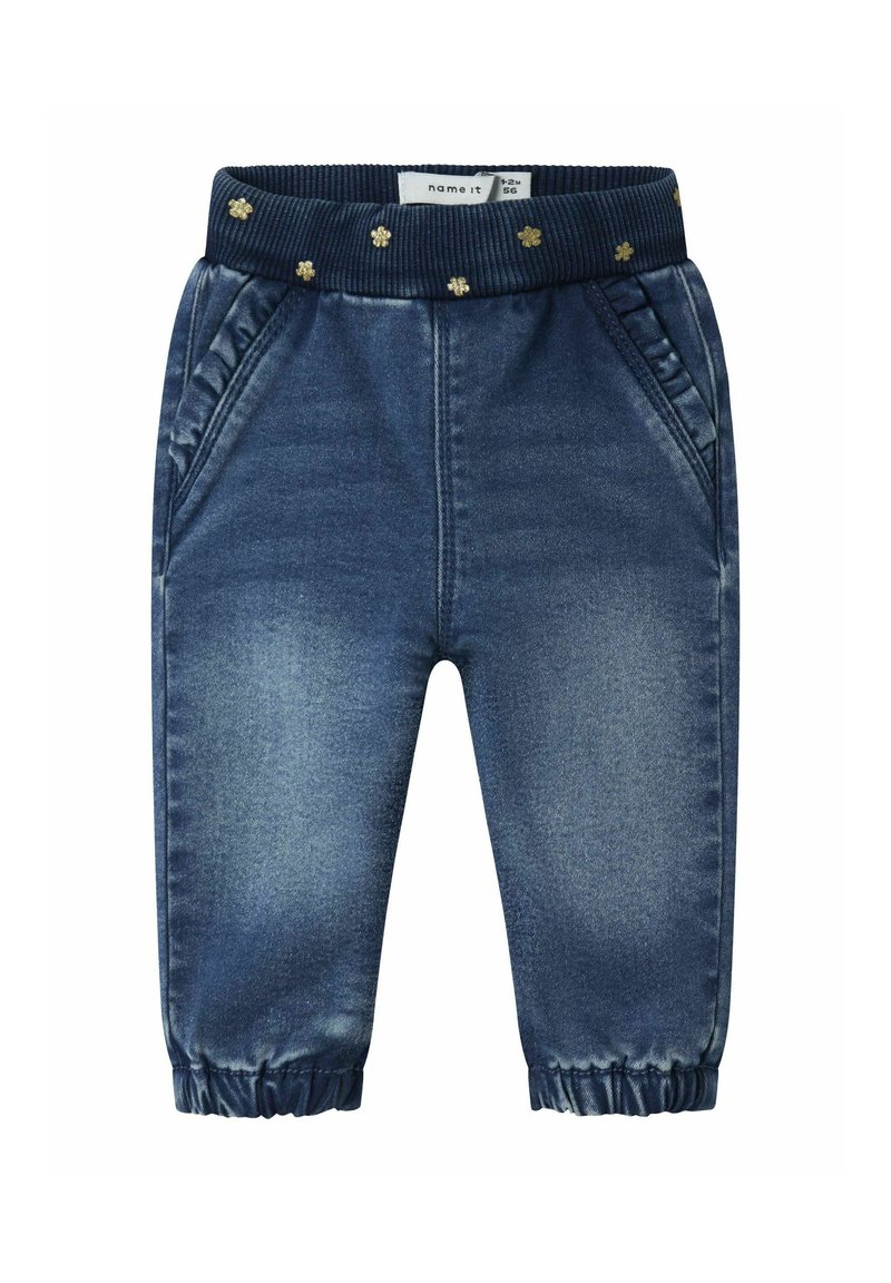 Joggers de denim en azul oscuro con cintura elástica, que presentan acentos florales dorados, bolsillos laterales y puños fruncidos.