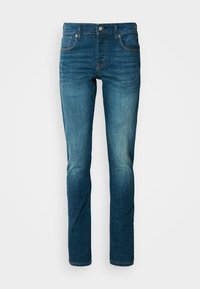 Pantalones vaqueros de denim azul oscuro con corte recto, que cuentan con cinco bolsillos, cremallera en la bragueta y un ligero desgaste en los muslos. Diseño clásico con costuras mínimas.