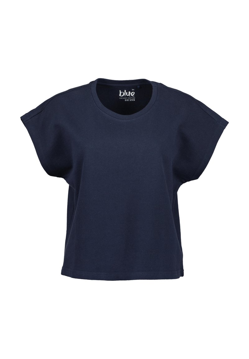 T-shirt di cotone biologico blu navy con scollo rotondo, maniche corte a kimono e vestibilità morbida. Texture liscia; design semplice e privo di decorazioni.