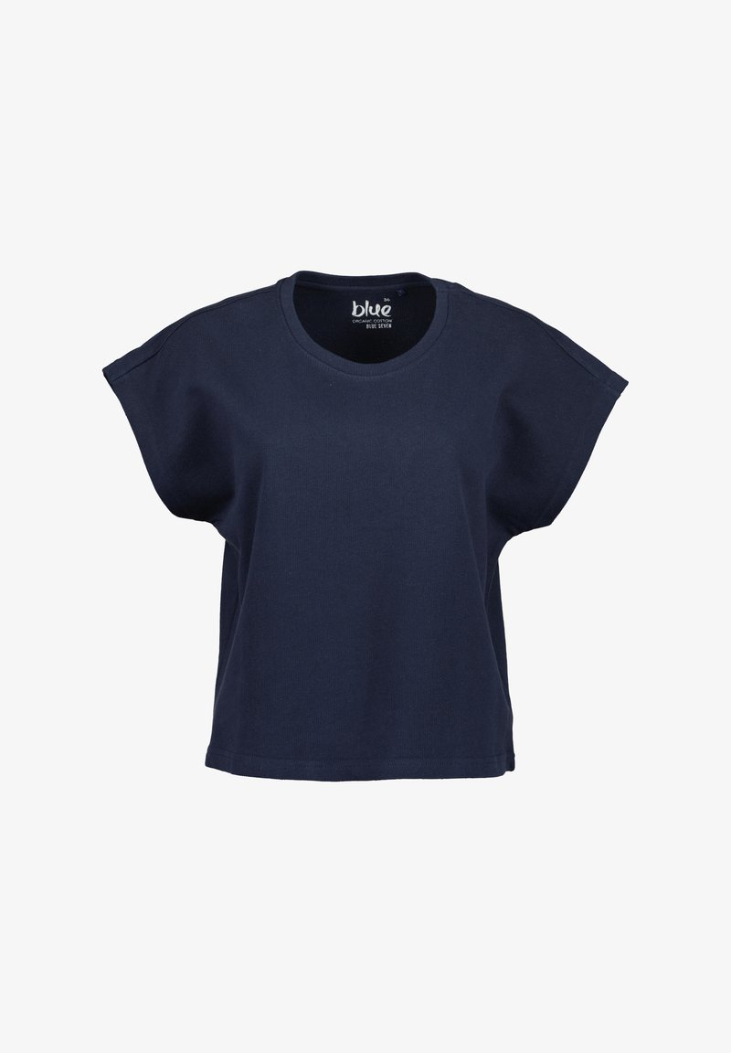 T-shirt di cotone biologico blu navy con scollo rotondo, maniche corte a kimono e vestibilità morbida. Texture liscia; design semplice e privo di decorazioni.