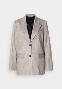 Hellgrauer Blazer mit vertikalen Streifen, Reverskragen, zwei vorderen Taschen, doppelt-knöpfbaremverschluss und schwarzem Satinfutter.