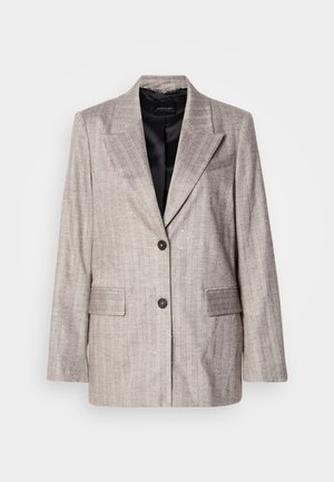 Lichtgrijze blazer met verticale strepen, notch revers, twee voorzakken, dubbele knoopsluiting en zwarte satijnen binnenvoering.