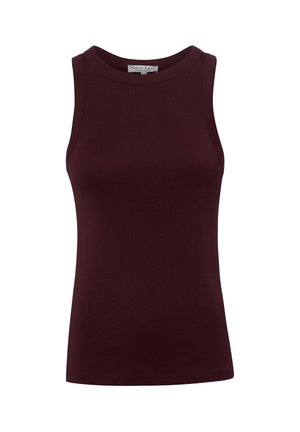 Débardeur ajusté sans manches de couleur bordeaux foncé avec encolure ronde et étiquette de marque visible à l’intérieur du col.