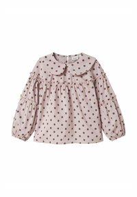 Blusa rosa chiaro con pois marroni, maniche a volant e un ampio colletto Peter Pan. Presenta polsini elasticizzati e una texture del tessuto liscia.