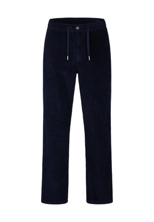 Navy corduroy-housut, joissa on elastinen vyötärö, kiristysnauha ja suora lahjetyyli. Vaakasuuntainen ribattu rakenne kauttaaltaan.