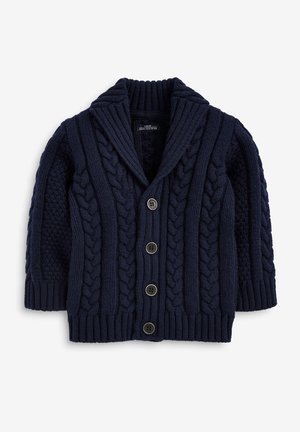 Cardigan en maille torsadée bleu marine avec col châle et quatre boutons sur le devant, doté de poignets et d'un ourlet côtelés.