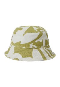Grüner und weißer, blumiger Baumwoll-Bucket-Hut mit breiter Krempe, strukturiertem Oberteil und einem strukturierten Stoff, der ein dezentes Muster aufweist.