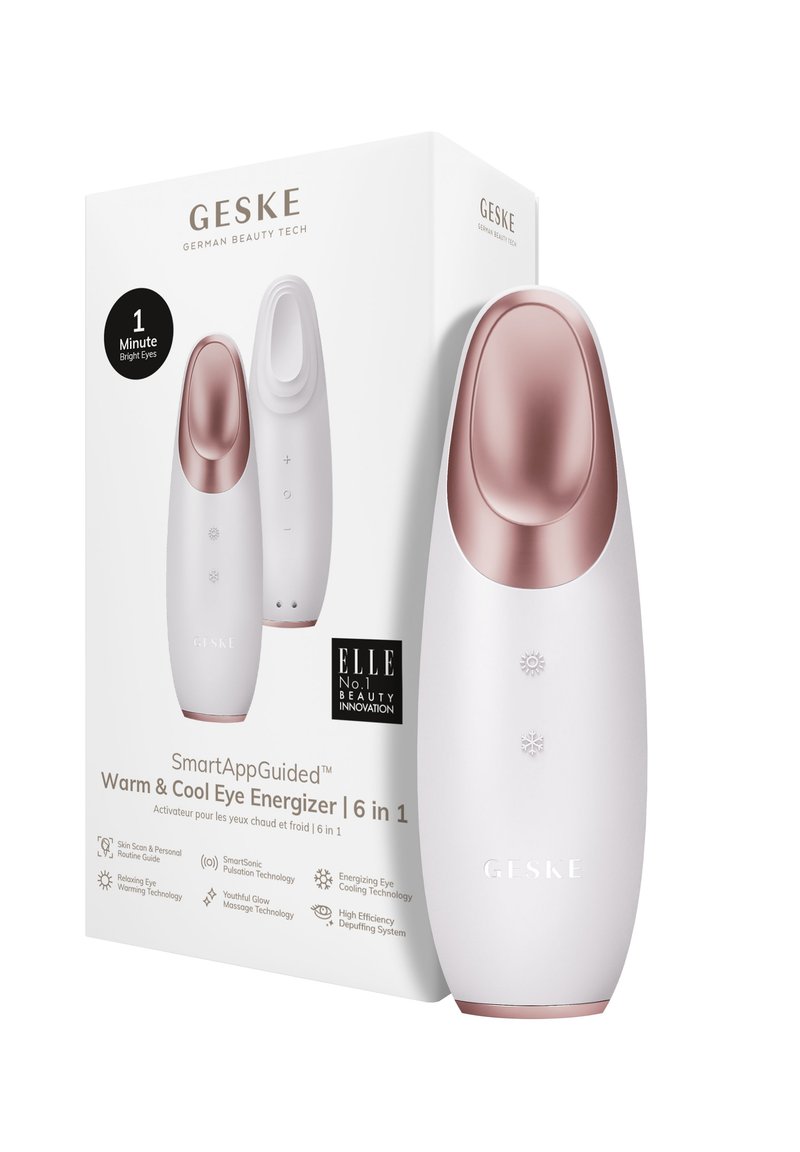 GESKE Warm & Cool Eye Energizer, witte behuizing met roségouden accenten, beschikt over een ronde tip en bedieningsknoppen. Wordt geleverd met een productdoos.