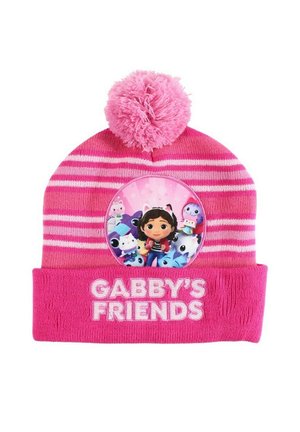 Bonnet en tricot rayé rose avec pompon portant le texte « Les Amis de Gabby » et une illustration de fillette entourée de personnages animaux animés colorés.
