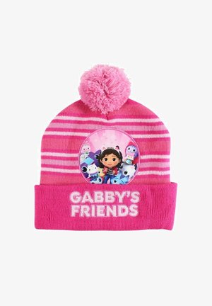 Bonnet en tricot rayé rose avec pompon portant le texte « Les Amis de Gabby » et une illustration de fillette entourée de personnages animaux animés colorés.