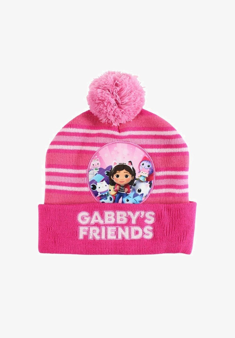 Bonnet en tricot rayé rose avec pompon portant le texte « Les Amis de Gabby » et une illustration de fillette entourée de personnages animaux animés colorés.