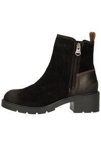 Black suede ankle boot with a side zipper, brown leather accents, and a rugged sole. Features a block heel and stitching details.