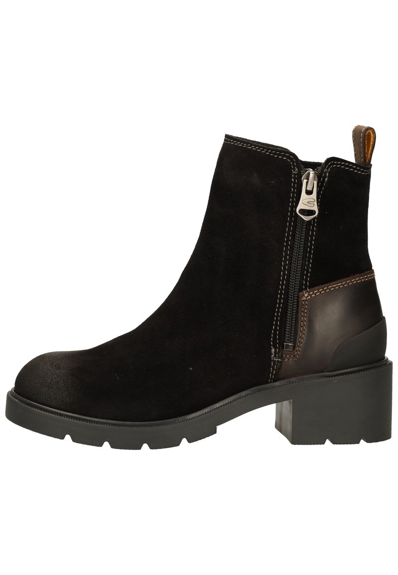 Black suede ankle boot with a side zipper, brown leather accents, and a rugged sole. Features a block heel and stitching details.