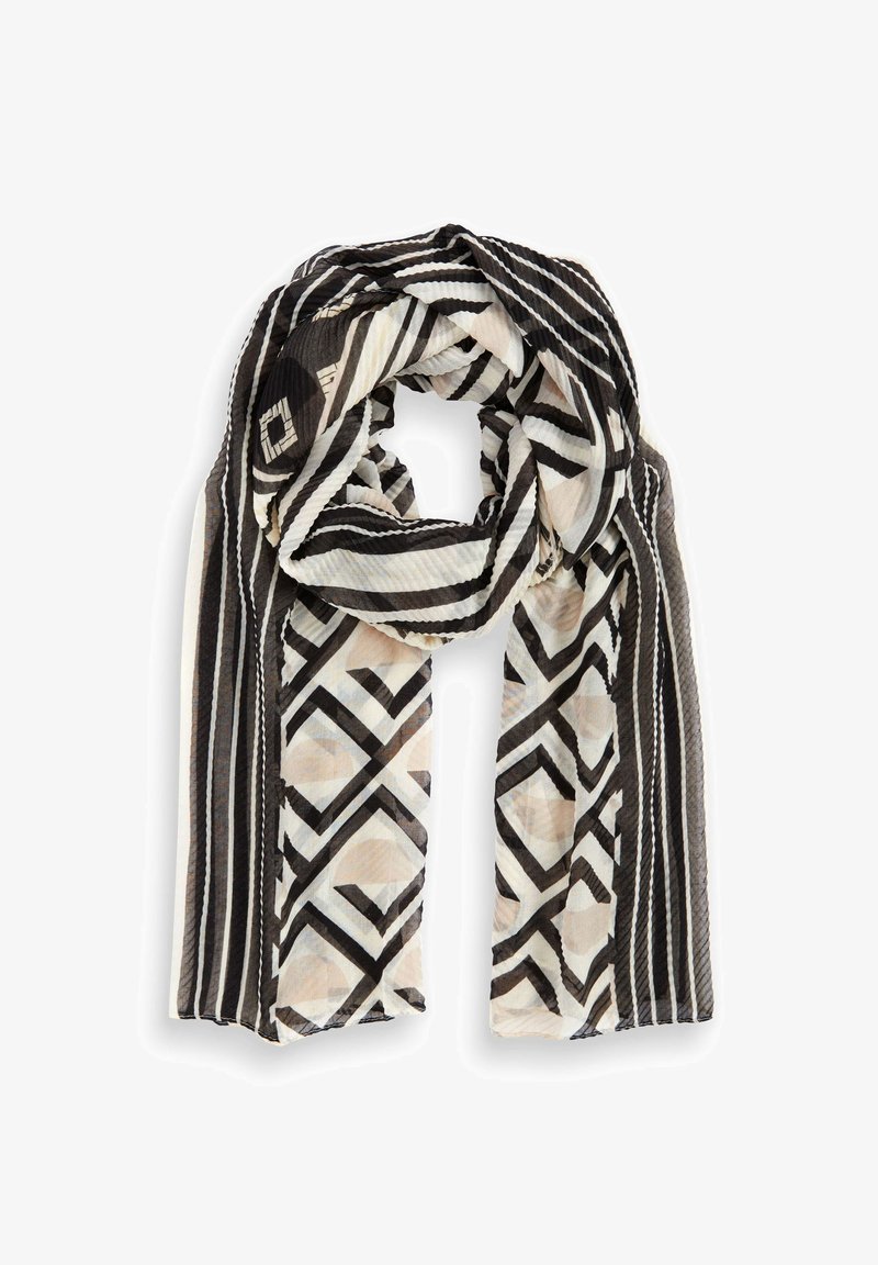 Black and cream patterned scarf featuring geometric designs and stripes, made from lightweight fabric with a soft, textured finish.