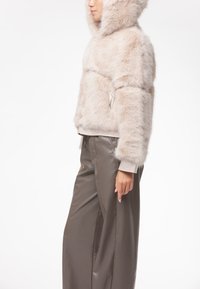 Giacca con cappuccio in pelliccia sintetica di un beige chiaro, caratterizzata da un design corto, texture spessa e maniche larghe. Abbinata a pantaloni larghi grigio scuro.