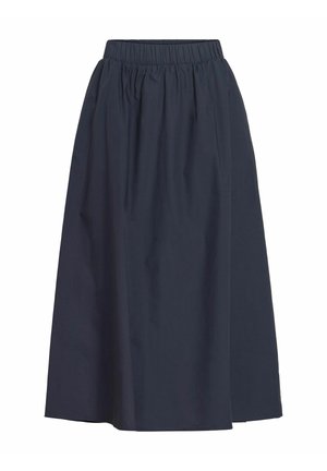 Jupe midi bleu marine foncé avec taille élastique et tissu ample légèrement froncé pour une coupe décontractée.