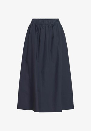 Mørk marineblå midiskjørt med elastisk midjebånd og løst, lett rynket stoff for en avslappet passform.