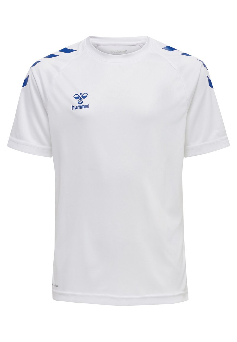 Camiseta deportiva blanca hecha de tela ligera. Presenta detalles en azul en los hombros y un pequeño logo azul en el pecho. Mangas cortas.