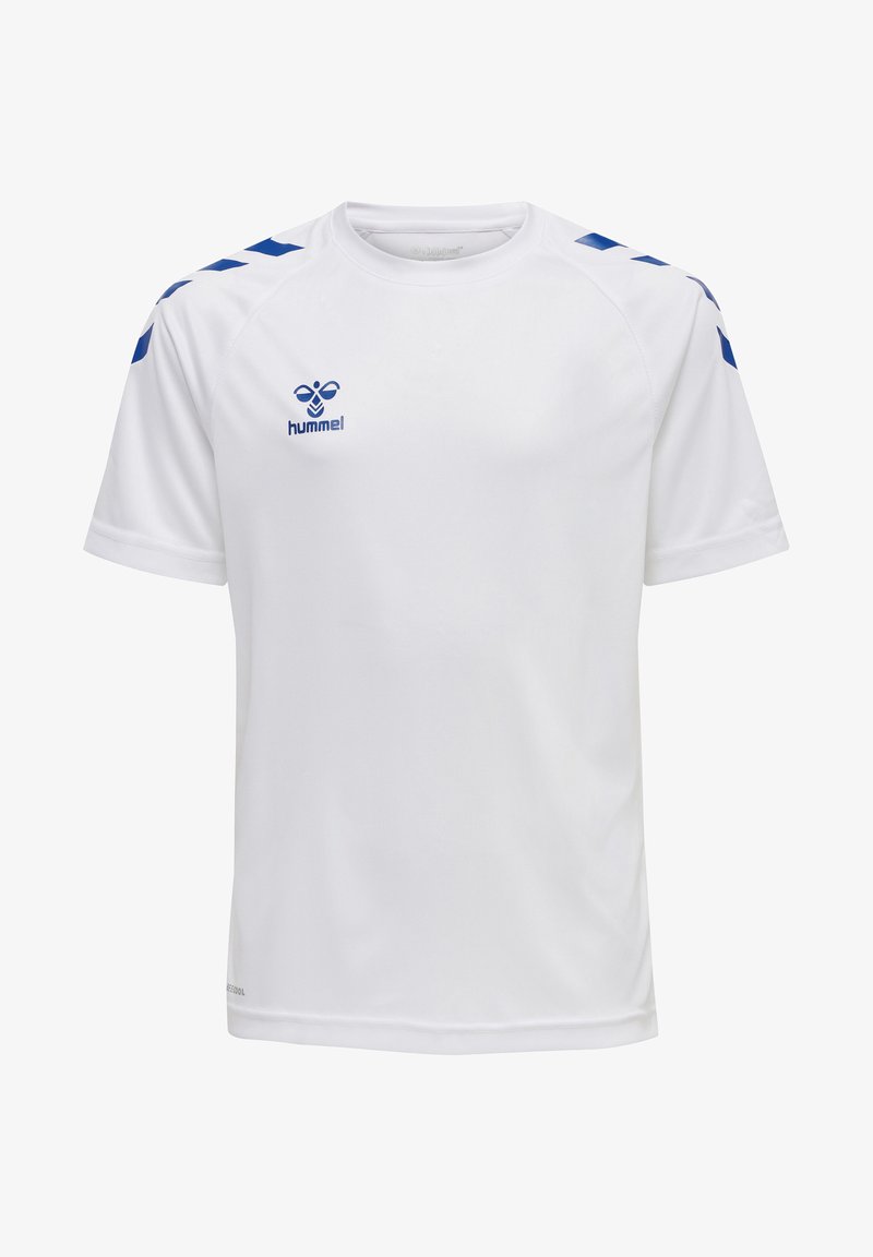 Weißes Sport-T-Shirt aus leichtem Stoff. Mit blauen Akzenten an den Schultern und einem kleinen blauen Logo auf der Brust. Kurze Ärmel.