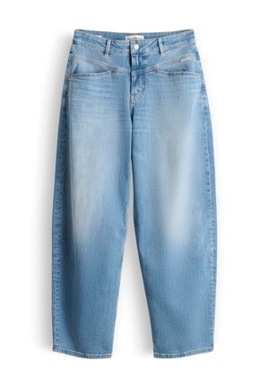 Jean droit bleu clair à taille haute avec fermeture à bouton et fermeture éclair, poches avant et détails délavés sur les cuisses.