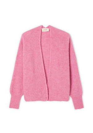 Ružová pletená cardigan s výstrihom do V, otvorenou prednou časťou a dlhými rukávmi; má jemnú textúru a rebrované detaily na manžetách a spodnom leme.