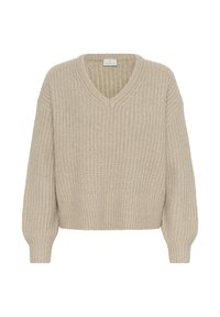 Beige knitted sweater with a v-neck, ribbed texture, oversized sleeves, and a cropped cut. No visible branding or patterns.