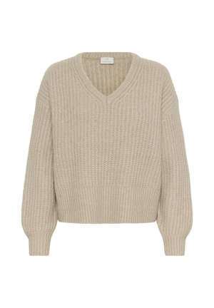 Beige knitted sweater with a v-neck, ribbed texture, oversized sleeves, and a cropped cut. No visible branding or patterns.