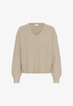 Maglione lavorato a maglia beige con scollo a V, texture a costine, maniche oversized e taglio cropped. Nessun marchio o motivo visibile.