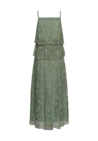 Robe en dentelle vert sauge longue jusqu'au sol avec fines bretelles et superposition à étages sur le corsage.