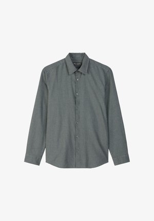 Men's long-sleeve button-up shirt in dark green with a small check pattern, cotton fabric, traditional collar, and single chest pocket.