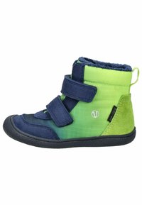 Grønne og marineblå korte støvler med velcrobånd, en struktureret overdel og en gummisål. Har fleecefór og side-logo.