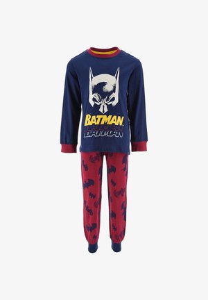 Batman-themed pajama set featuring a navy long-sleeve top with a graphic print and red bottom pants with repeated bat symbols.