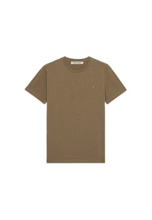 T-shirt in cotone marrone con scollatura rotonda, maniche corte e un piccolo logo ricamato sul petto. Tessuto liscio, vestibilità casual.