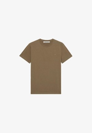 Bruine katoenen t-shirt met een ronde hals, korte mouwen en een klein geborduurd logo op de borst. Gladde textuur, casual pasvorm.