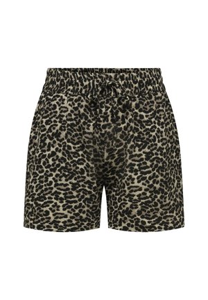 Leopard print shorts, made of soft fabric; elastic waistband with drawstring; features two side pockets, relaxed fit, and mid-thigh length.