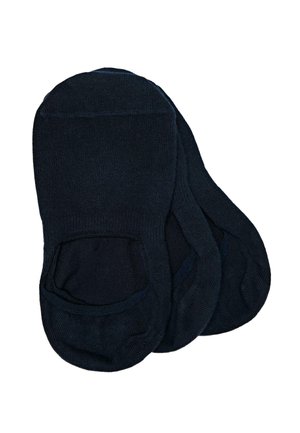 Trois paires de chaussettes noires basses invisibles empilées sur un fond blanc.