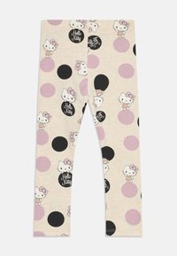 Šviesiai rudos tamprės su Hello Kitty dizainu, puoštos juodais ir purpuriniais taškeliais bei personažais su kaspinais. Minkšta, tampri medžiaga.