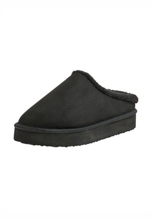 Pantofole nere senza lacci con parte superiore morbida e testurizzata, rivestite in pelliccia, e una suola spessa e imbottita. Design arrotondato con una finitura liscia.